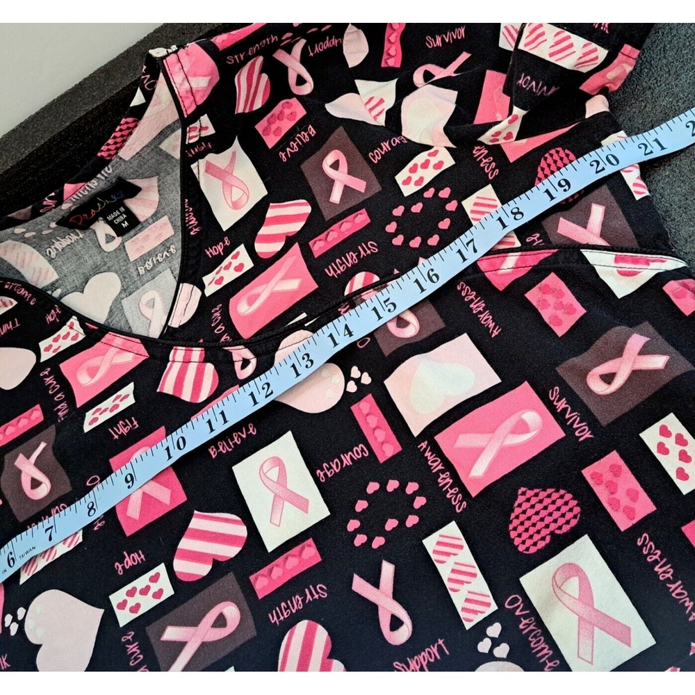 Peaches Scrub Top Women M‎ Medical Uniform Breast Cancer Black Pink 100% Cotton